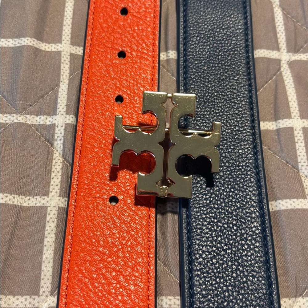 Tory Burch Orange and Navy Reversible Logo Belt